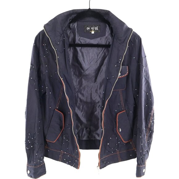 Embellished Full Zip Bomber Jacket Womens XL Navy Eclectic Dark Academia Unique - Picture 2 of 16